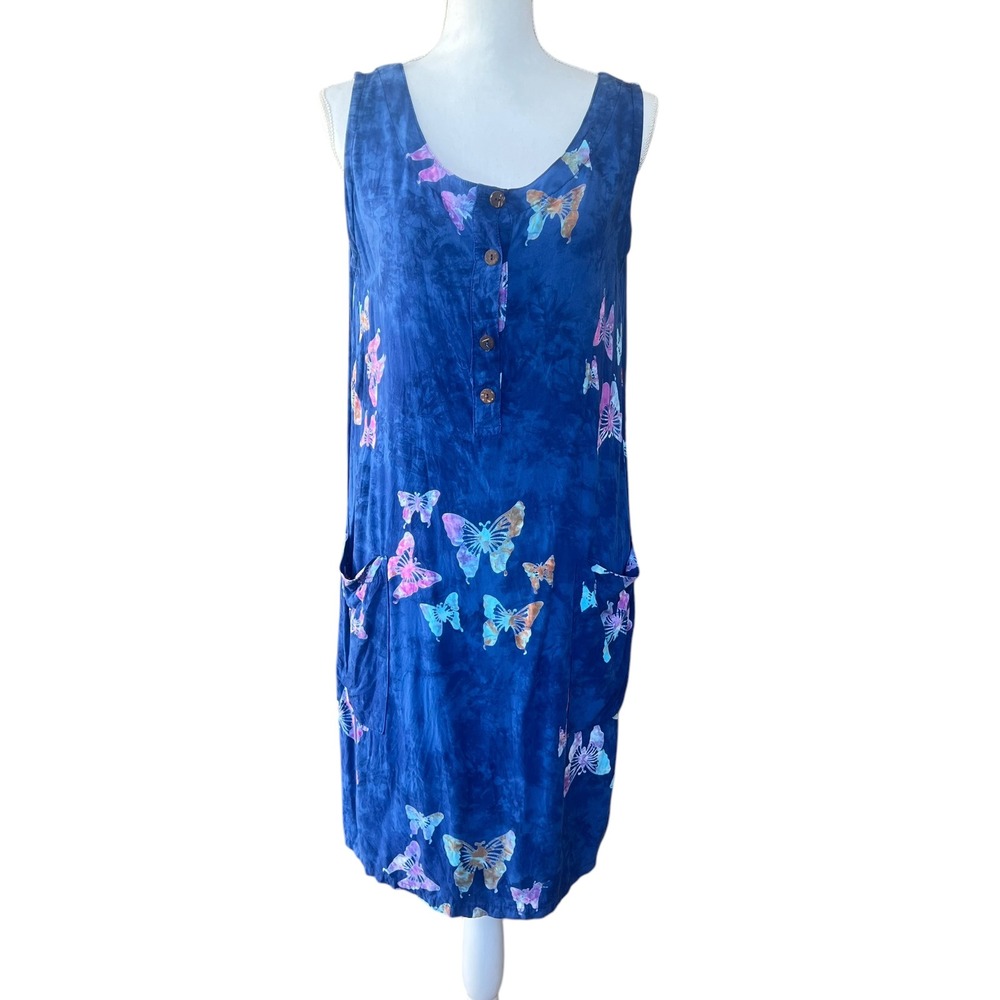 Hawaiian Summer Dress Size‎ Medium Blue Rayon Pockets Midi Butterfly